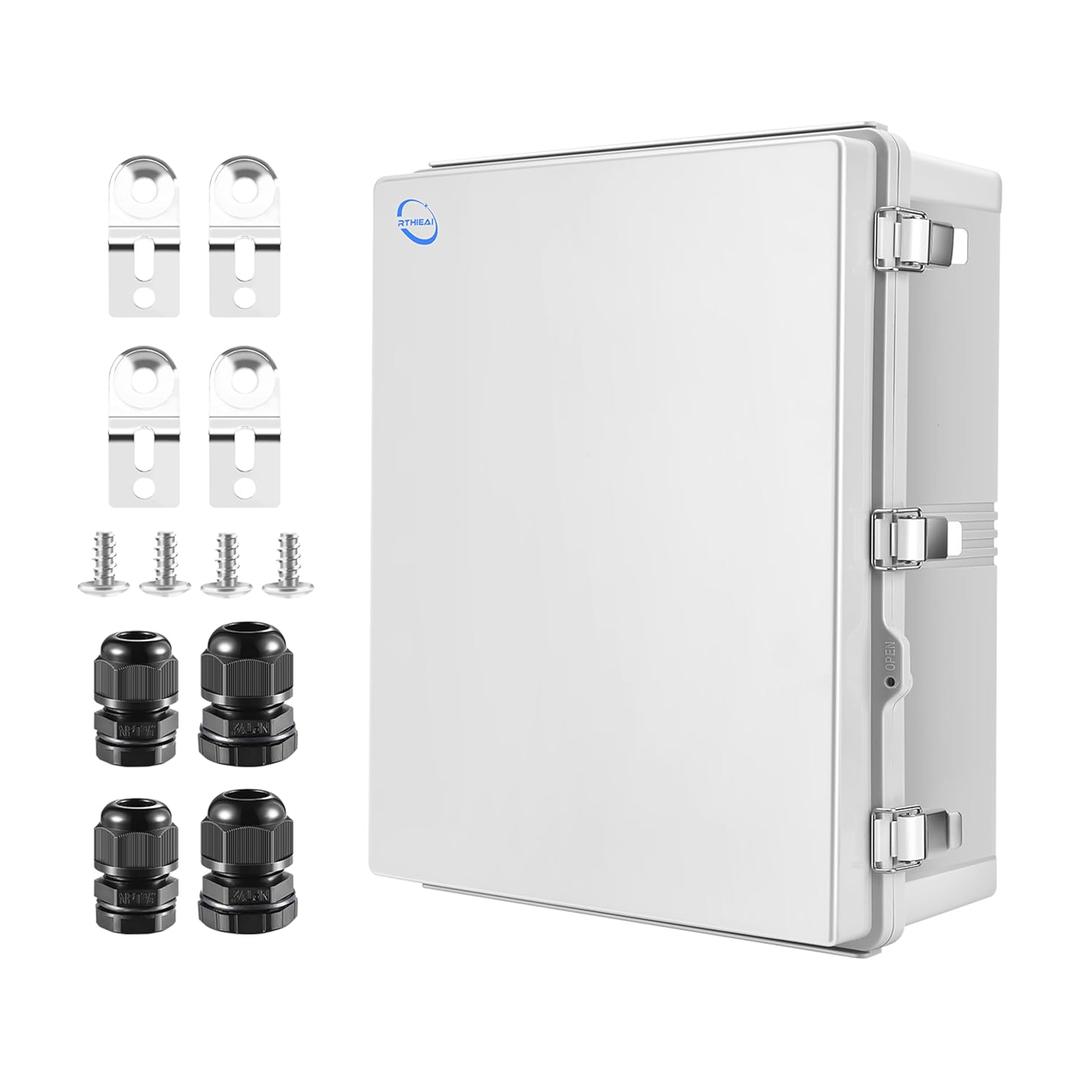 RTHIEAI Waterproof Outdoor IP67 Junction Box(20.1"x16.1"x7.9") with Mounting Plate, Hinged Grey Cover and Wall Brackets - Weatherproof ABS Plastic Electrical Enclosure for DIY Projects(510x410x200mm)