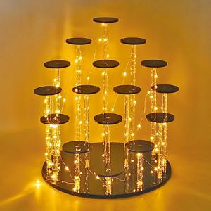 DIWNELEM 16 Tier Acrylic Cupcake Stand Display Riser Holder for Cupcakes, Collectibles, Figures, Comestics, Perfumes, Jewelry - Black Acrylic Display Stand Organizer (16 Tier with Yellow Light)