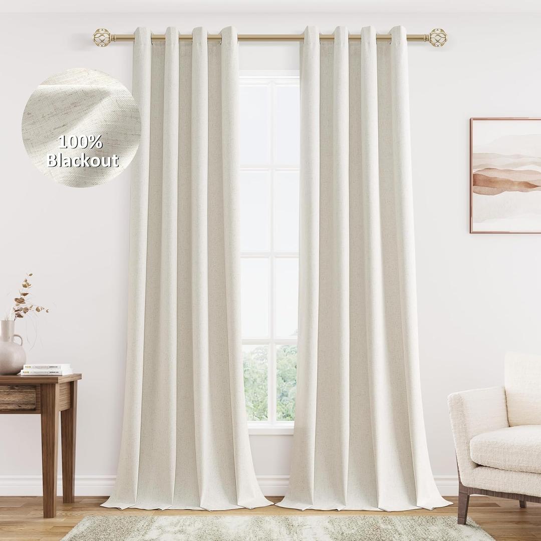 Cream Linen Blackout Curtains 90 Length 2 Panels Set for Living Room Bedroom, 100% Black Out Thermal Insulated Linen Drapes, Room Darkening Grommet Curtains 90 Inches Long Natural Beige