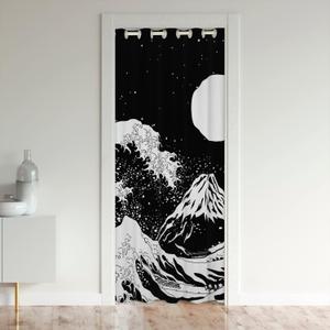 Erosebridal Moon Door Curtain For Doorway Privacy,Ocean Waves Door Window Curtain Mountain Fuji Japanese Style Marine Coastal Nautical Theme Blackout Curtain White Black, 1 Panel, 34''W X 80''L
