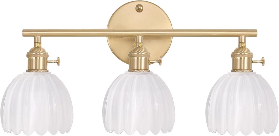 Bathroom Light Fixtures, 3-Light Brass Vanity Wall Light Over Mirror with White Tulip Glass Shade for Bedroom Living Room (Hardwired)