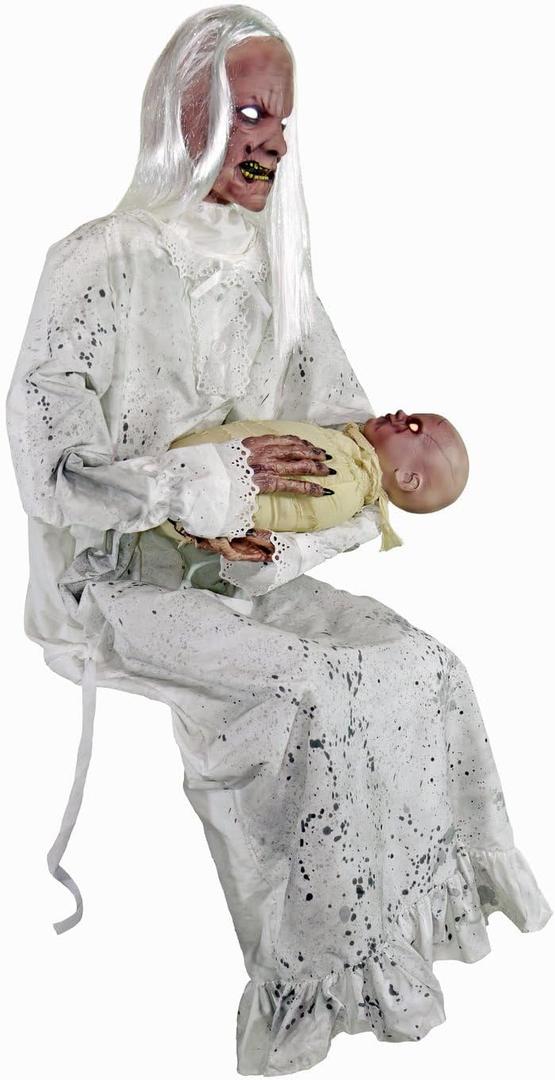 Haunted Hill Farm Life-Size 2.9-Ft Animatronic Gravely Granny by Tekky Halloween Decoration with Motion-Activated Sounds