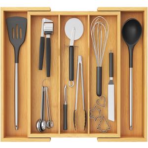 Lifewit Utensil Organizer for Kitchen Drawer, Expandable Cooking Utensil Tray, Bamboo Cutlery Silverware Flatware Holder, Adjustable Spatula Tools and Gadgets Storage Divider, Large, Natural (22.4 x 15 x 2 inches, White)