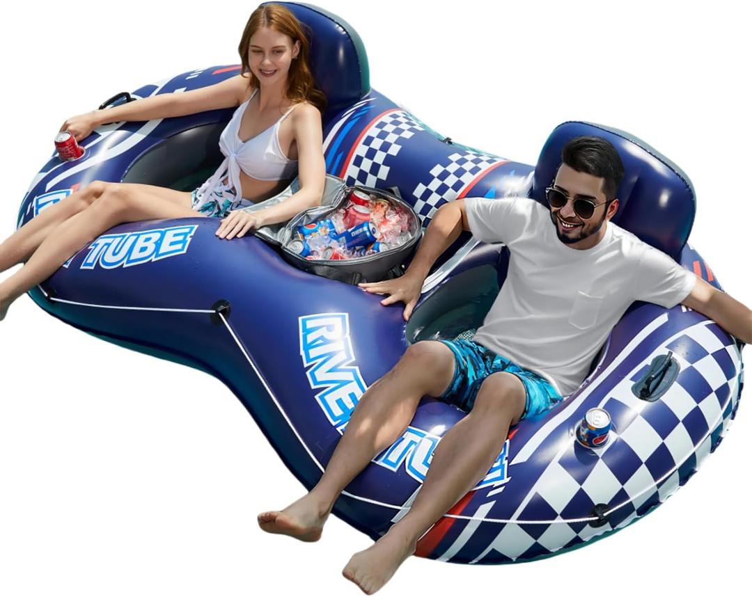 Jasonwell Inflatable River Tube Float - 2 Person Heavy Duty River Float Pool Floats with Removable Cooler Lake Water Tubes for Floating River Raft Lounge Floatie with 2 Cup Holders for Adults (D-Blue)