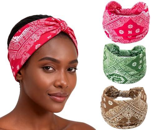 XEF Headbands for Women Bohemian Wide Geometry Pattern Thick Hair Band No Slip Gym Elastic Twist Knot Athletic Headband Sweatbands Fashion Hair Accessories for Teen Girls
