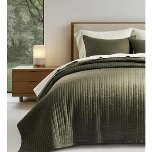 EVERGRACE Cotton Sateen Set , Pre-Washed Cotton Channel Stitch Coverlet Bedspread, 3 Pieces Lightweight Soft Bedding Sets for All Season, with 2 Pillow Shams, Olive Green, 92 x 92