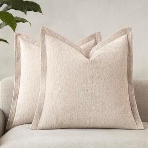 vivrudil Decorative Chenille Luxury Throw Pillow Covers with Wide Edge, Textured Solid Pillowcases, Soft Velvet Cushion Cover Home Décor for Couch Sofa Chair Bed, 18x18 Inch, Set of 2, Light Beige