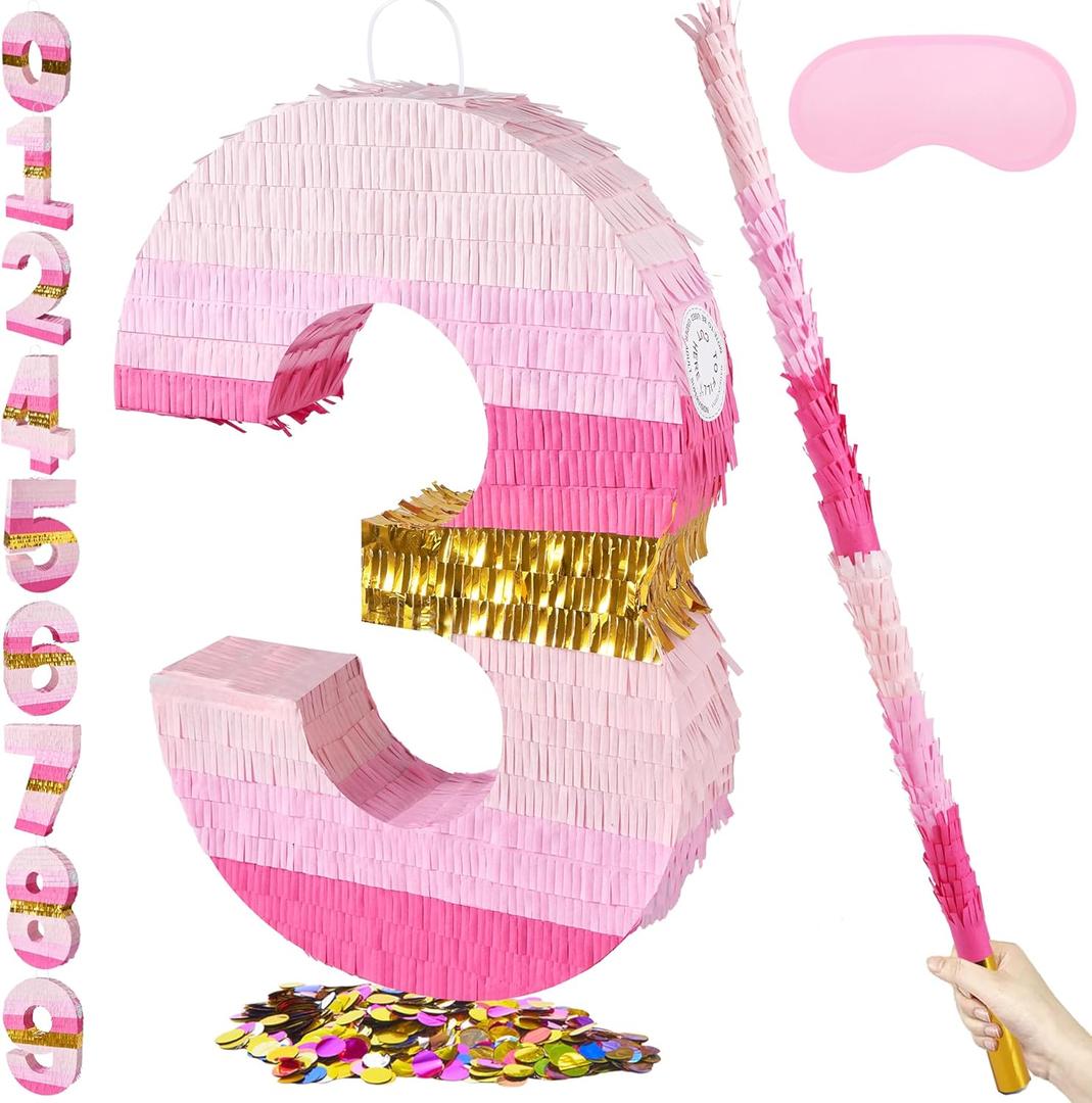 PCFING 20 Inch Number 3 Piata Pink Gold with 30 Inch Piata Stick Blindfold Confetti for Boys Girls Adults Birthday Party Decorations, Anniversary Celebration, Fiesta