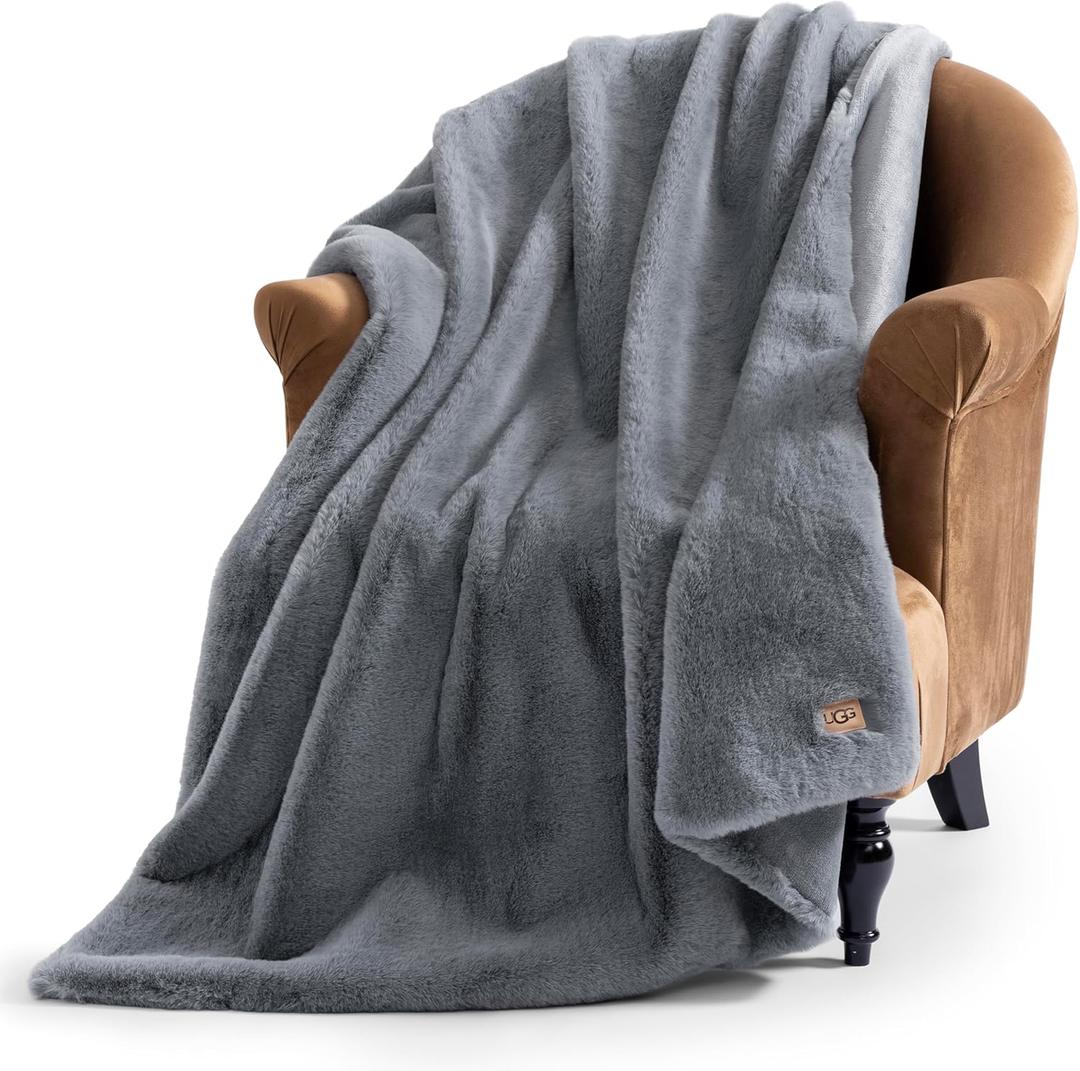 UGG Euphoria Plush Faux Fur Throw Blanket, Oversized Soft Throw for Couch or Bed, Luxury Home Decor, Giftable Christmas Blankets, Machine Washable, 50-inch x 70-inch, Chambray Blue Grey