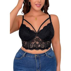 OYOANGLE Women's Plus Size Cut Out Floral Lace Bra Wireless Underwire No Padding Bralette (X-Large Plus, Black)