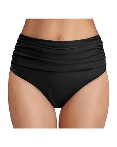 Tempt Me Women's Black High Waisted Bikini Bottom Tummy Control Ruched Bathing Suit Swim Bottom M