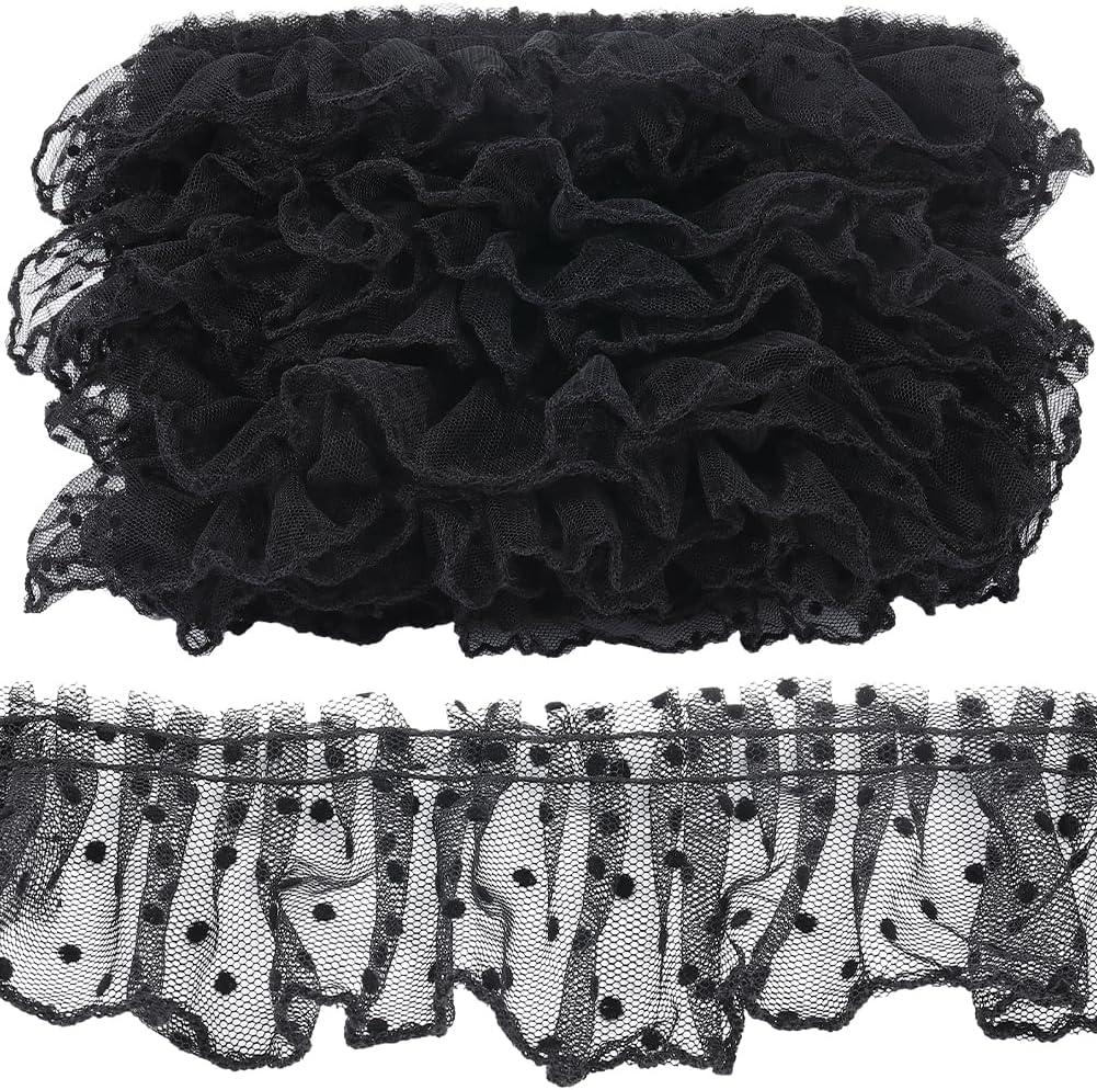 GORGECRAFT 11 Yards Ruffled Lace Trim 2.4 Inch Wide Wavelet Dot Pleated Embroidered Mesh Lace Edge Ribbon Fabric Wedding Dress Appliques Edging Trimmings for Handmade DIY Sewing Clothes Curtain, Black