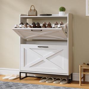 Shoe Cabinet with 2 Flip Drawers,Narrow Storage Cabinet&Fluted Shoe Cabinet,Shoe Organizer & Shoe Rack for Entryway,Farmhouse Slim Shoe Storage Cabinet for Entryway, White