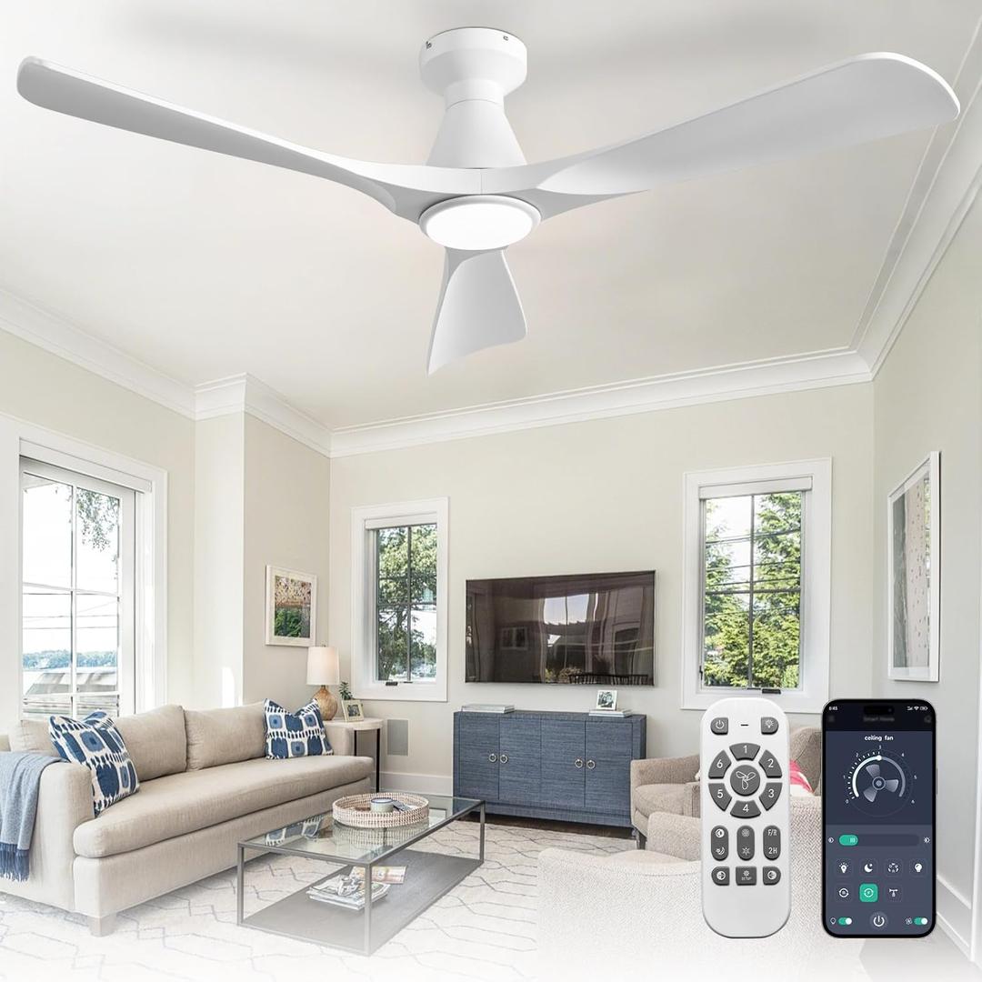 Depuley 52-Inch Ceiling Fans with Lights: White 3 Blade Flush Mount Low Profile Ceiling Fan for Bedroom - Dimmable Indoor Outdoor Fan with Remote APP Control Ultra Quiet DC Motor Timer