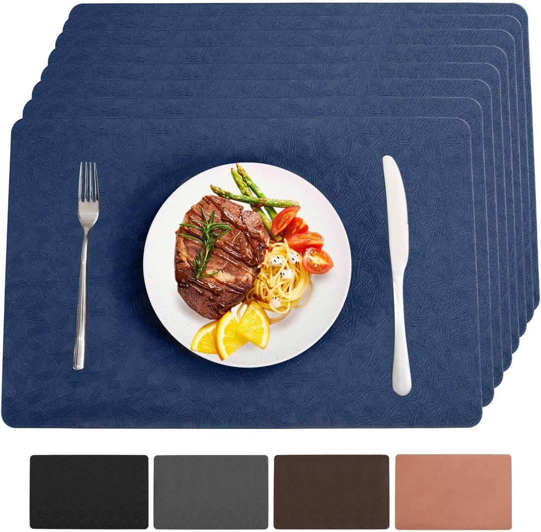 Bxzandya Vinyl Placemats Set of 6 Heat Resistant Easy Clean Non-Slip Place Mats for Dining Table Faux Leather Waterproof Stain Resistant Wipeable Washable PVC Table Mats(6, Blue)