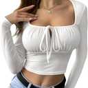Floerns Women's Basic Square Neck Tie Front Long Sleeve Crop Top Tee Shirt (Medium)