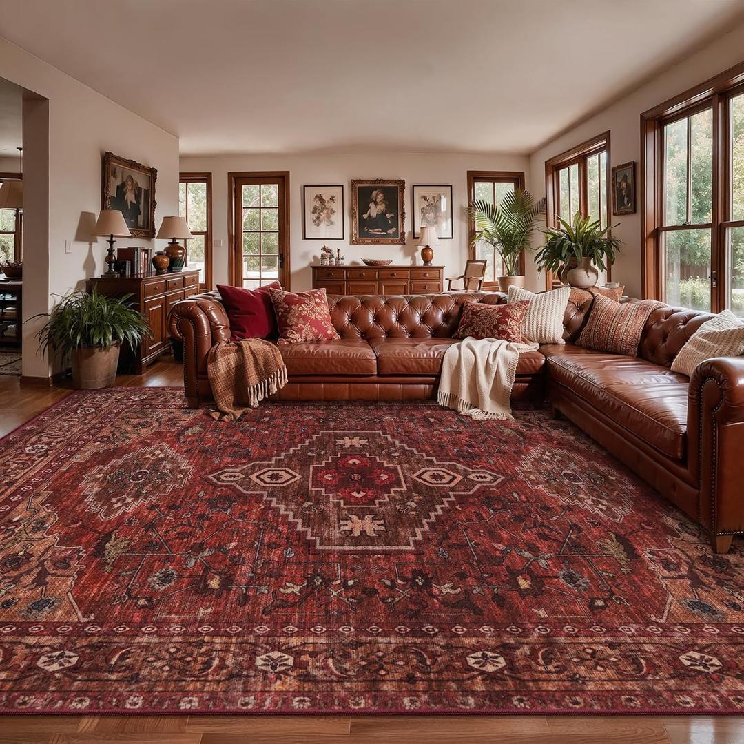 Tangsoo 10x12 Washable Area Rugs for Living Room, Red Non Slip Large Rugs | Oriental Indoor Print Carpet, Boho Soft Low Pile Foldable Vintage Floor Rug for Bedroom Dining Room Dorm Dark Red Home Decor