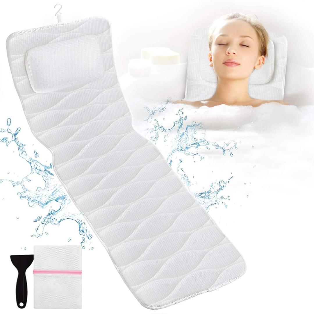 Full Body Bath Pillow, Bath Pillows for tub with Mesh Washing Bag & 21 Non-Slip Suction Cups, Spa Bathtub Pillow for Head Neck Shoulder and Back Support - 5D Air Mesh & Quick Drying (50x16 Inch (Pack of 1), White)