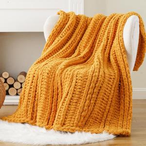 Battilo Mustard Yellow Throw Blanket for Couch, Chunky Knit Throw Blanket, 50"x60", Gold Fall Throw, Super Soft Cozy Warm Chenille Knit Blankets for Bed, Sofa, Living Room