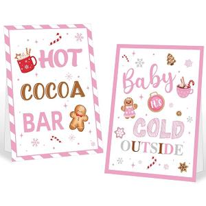 Pack of 2 Pink Hot Cocoa Bar Sign 8x11", Gingerbread Man Hot Chocolate Bar Supplies, Baby Its Cold Outside Baby Shower Decorations, Christmas Table Decorations for Home Office Coffee Station