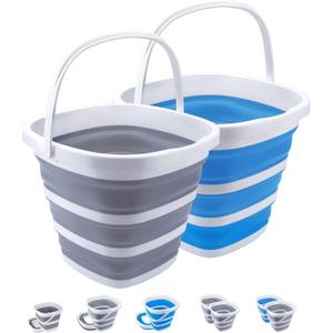 2 Pack Collapsible Buckets 10L 2.6 Gallon Cleaning Bucket Mop Bucket Folding Foldable Portable Small Plastic Water Supplies for Outdoor Garden Camping Fishing Car Wash Space Saving Square Grey Blue