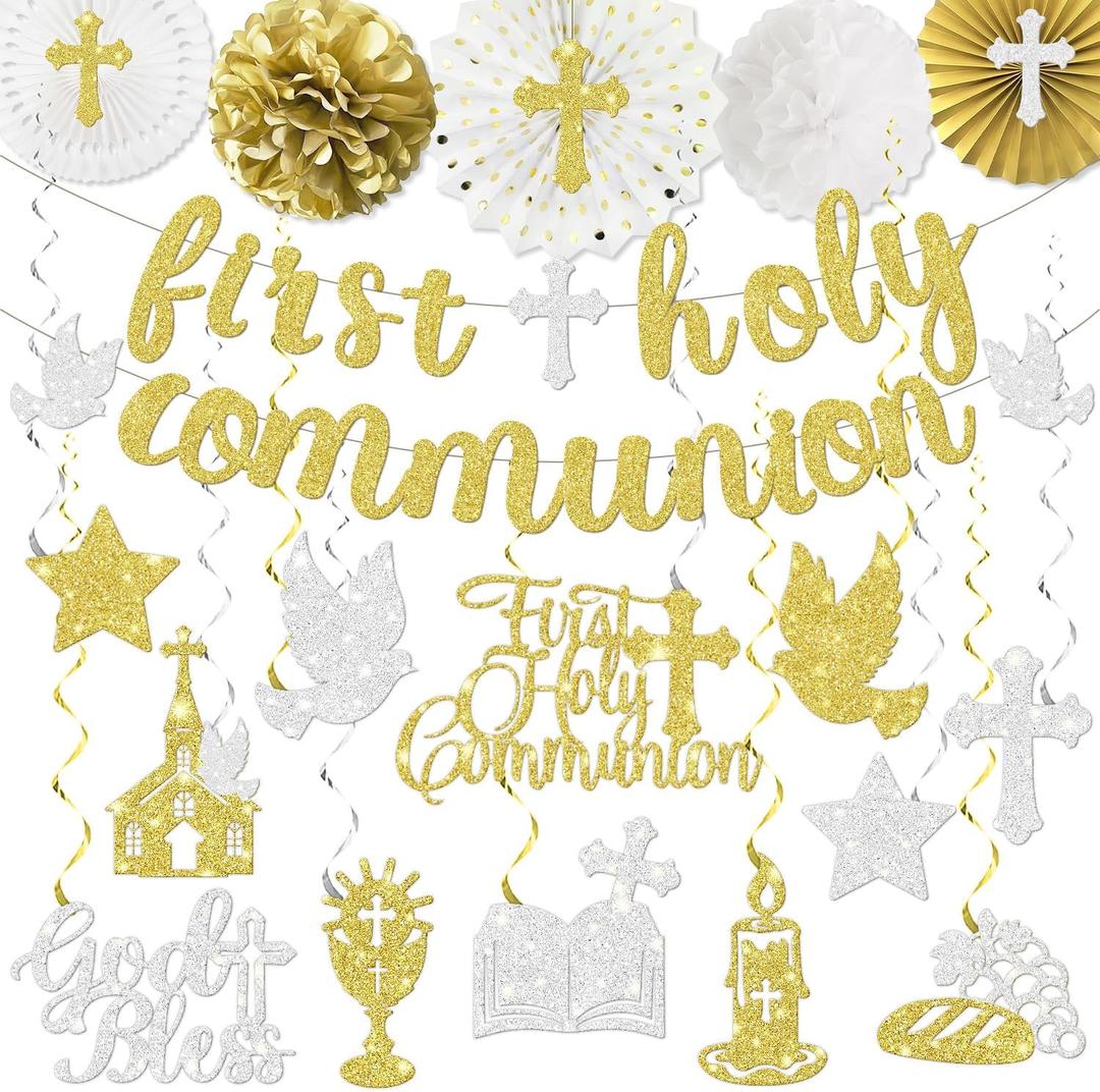First Holy Communion Decorations, 1st Communion Decorations includes Glitter First Holy Communion Banner and My First Communion Decorations Hanging Swirls for Mi Bautizo Decoration