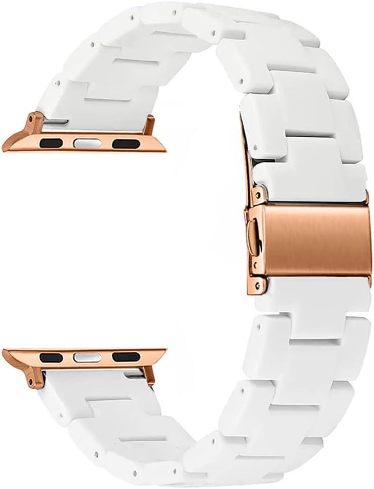 SKYK Resin Watch Bands Compatible with Apple Watch Band 38mm/40mm/41mm/42mm/44mm/45mm/49mm - Stainless Steel Rose Gold Buckle Wristband Replacement iWatch Series Ultra 8 7/6/5/4/3/2/1 /SE (White)