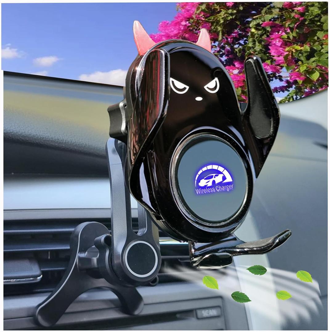 Car Phone Holder Mount Wireless Charging Auto Clamping with Rotatable Vent Clip Cute Demon for iPhone Samsung Galaxy Android Phone