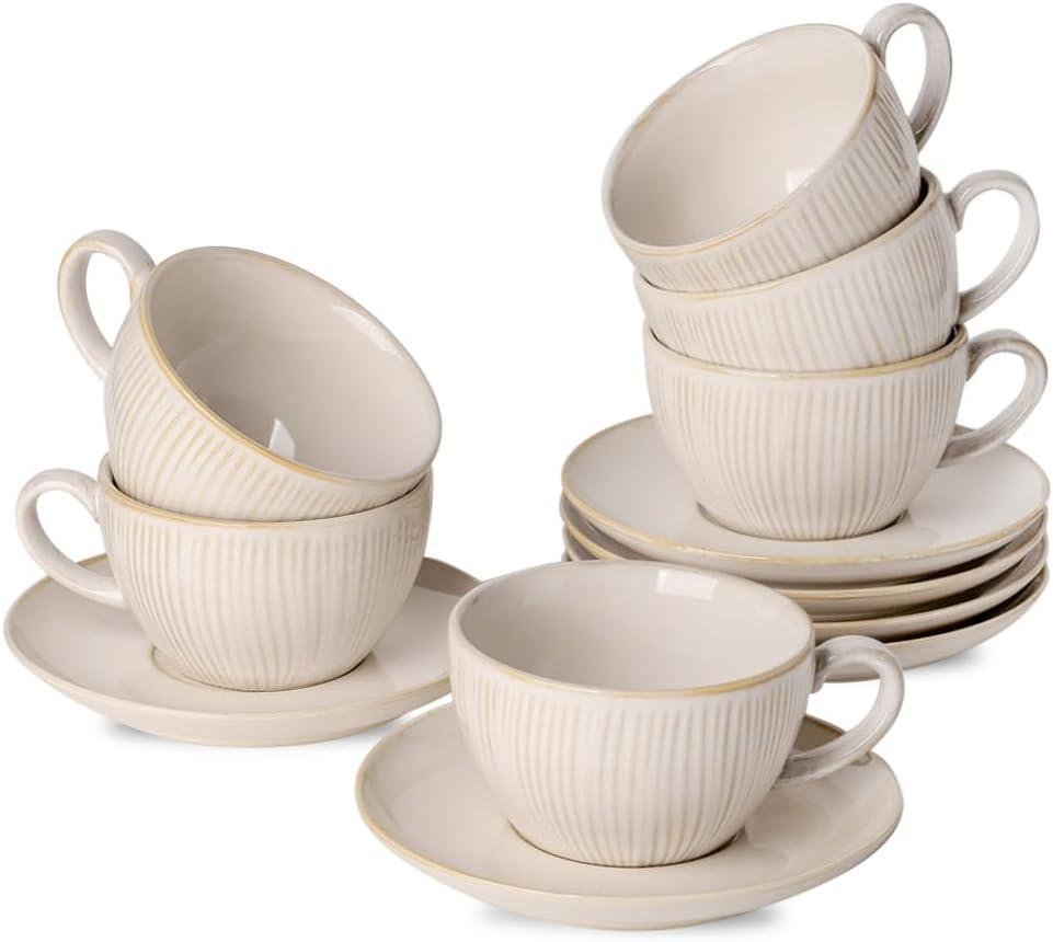 HVH 10 oz Porcelain Cappuccino Cups with Saucers, Latte Cup and Saucer Set of 6, Latte Art Cup and Saucer, For Latte, Cafe Mocha, Cappuccino and Tea (Cream)