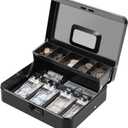 KYODOLED Metal Cash Box with Combination Lock & Spring-Loaded Bill Clips, 5-Compartment Cantilever Coin Tray, Portable Safe for Yard Sales/Craft Fairs/Small Businesses, 11.81x9.45x3.54, Black