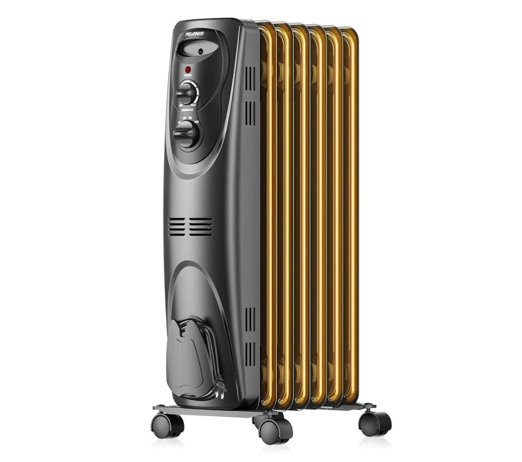 PELONIS Radiator Heater for Large Space, Electric Oil Filled Radiator, Dual Knobs, 1500W, Quiet Space Heater, 3 Modes, Tip-over Protection