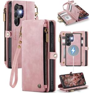 Defencase for Samsung Galaxy S24 Ultra Magnetic Wallet Case Compatible with Magsafe with RFID Blocking Zipper & Card Holder Women, PU Leather Detachable Phone Case for Galaxy S24 Ultra 6.8", Rose Pink