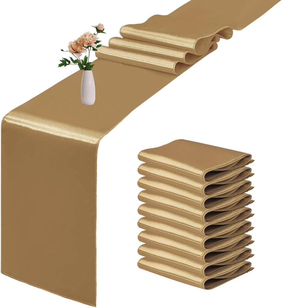 10 Pack Satin Table Runner 12 x 108 Inch Long Old Gold Smooth Silk Fabric Table Runner for Birthday Parties Wedding Banquets Decorations.