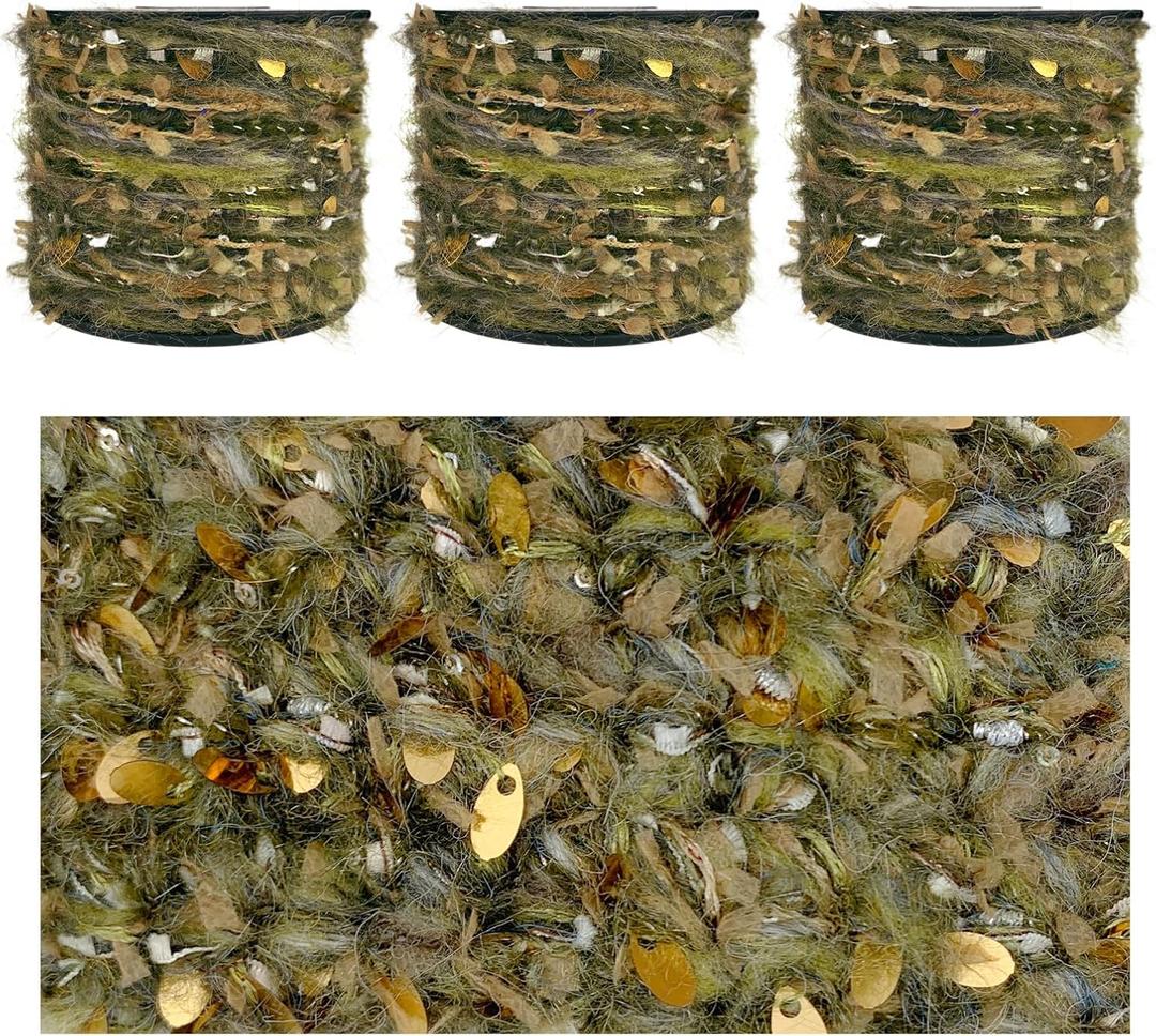 Artisanal Yarn Collection Multifiber Fancy Yarn with Sequins & Shimmering Threads for Knitting Crocheting Crafts DIY, Set of 3 Rolls (Forest Moss)
