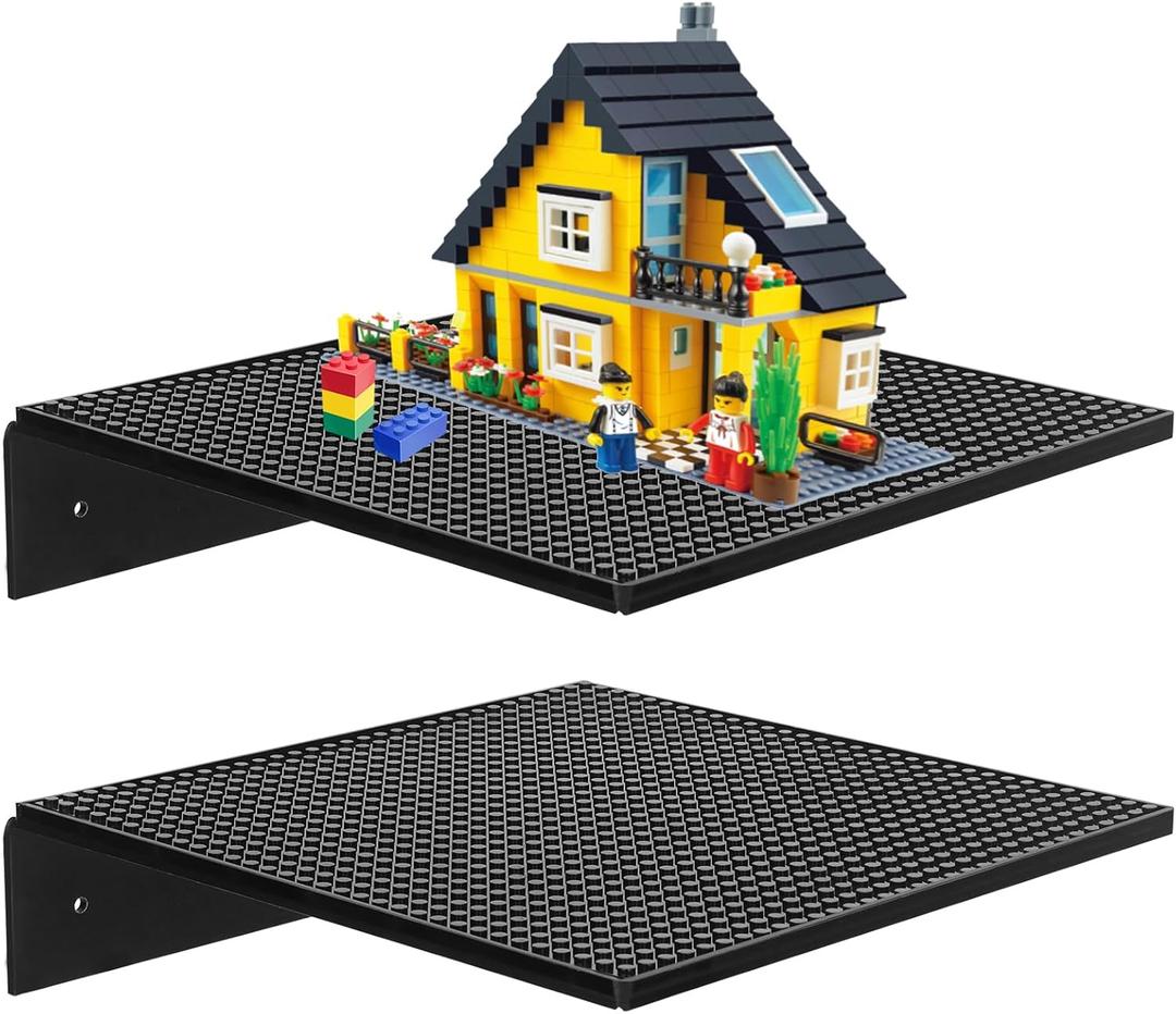 2 Pack Display Shelves for Building Bricks, Display Case Compatible with All Toy Block Brands -Acrylic Floating Shelf Display with Brick Building Baseplate, Figure Display Cabinet Wall Mount (Black)