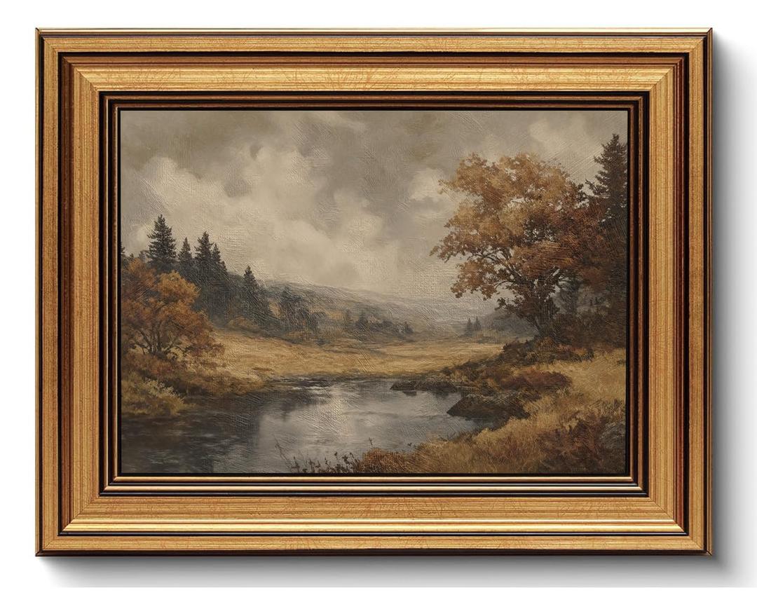 Vintage Gold Framed Wall Art Fall Forest Lake Landscape Painting Wall Decor, Size: 10"L x 8"W