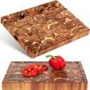 Acacia End Grain Cutting Board (17x13x1.5in), Butcher Block - Reversible Multipurpose Chopping Board with Juice Groove, Cracker Holder & Inner Handles