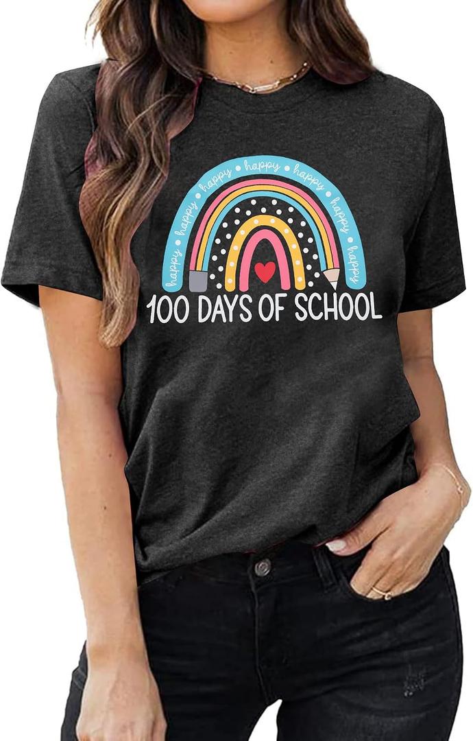 Teacher Shirt Women Rainbow Pencil Teach Graphic Tees Back to School T-Shirt Cute Short Sleeve 100 Days Teacher Gift Tops (Gray, S)