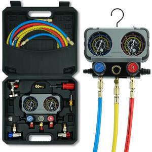 CALPOSE 3 Way AC Gauge SetAC Manifold Gauge Set for R134a R410a R12 R22 R502 RefrigerantRefrigerant Gauge Kit with 5FT HosesAnti-Collision DialR410a AdapterPuncturing Can Tap