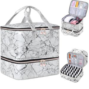 Nail Polish Organizer Case - Holds 30+ Bottles (15ml/0.5 fl.oz) and 1 Nail Lamp, Upgraded Double-layer Nail Polish Carrying Case Nail Storage Bag with Handles (WHITE)
