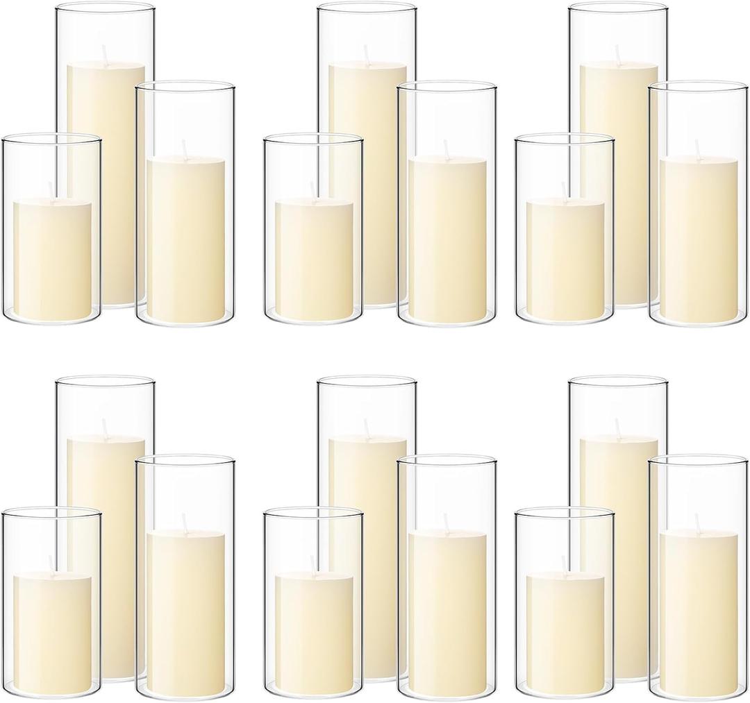 Shihanee 36 Pcs Pillar Candles and Glass Cylinder Vases Tall Cylinder Holders for Pillar Candles Wedding Centerpieces, Total 18 Sets(2.6'' X 4.7'', 5.9'', 7.9'',Clear,Ivory)