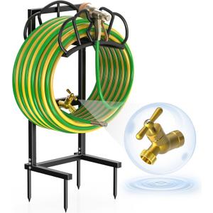 Qatsrin Garden Hose Holder with Faucet, Super Stable Water Hose Holder Stand Holds 160-Feet Hoses, Freestanding Detachable Hose Storage Hanger Reels Rack for Yard Lawn Farm
