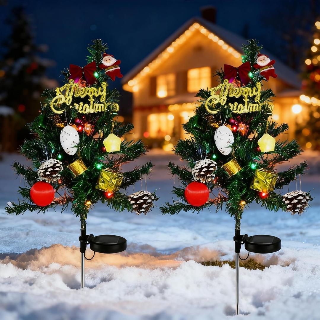 2pcs Solar Christmas Tree Lights Outdoor Decoration, Waterproof Solar Xmas Tree with Flashing LED Lights, for Yard Front Porch Pathway Grave Cemetery Decor