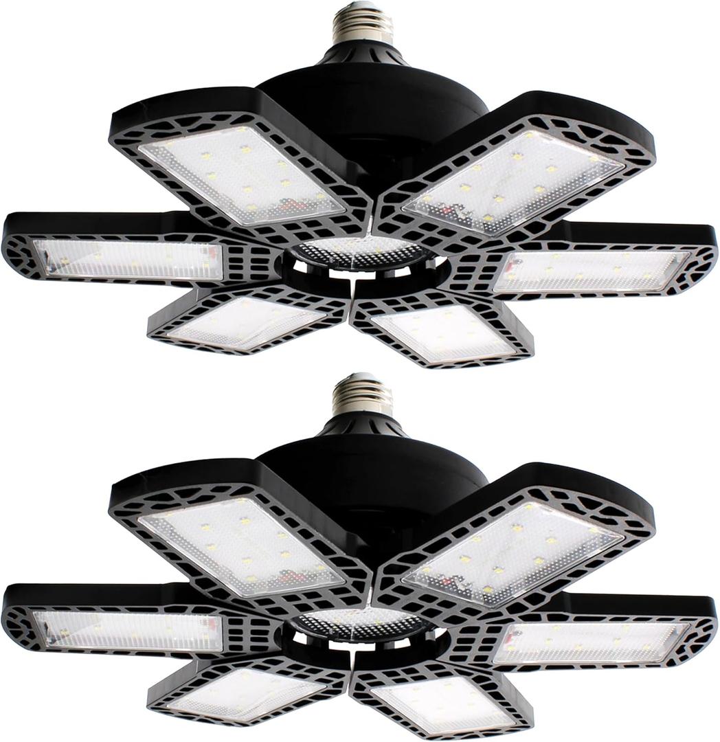 Jaspertronics 2 Pack LED Adjustable 6 Leaf Garage Light, 200W 8000 Lumen 6500K - Deformable 6+1 Panels, E26/E27 Screw-in Ceiling Lights for Shop, Garage, Workshop, Basement & More