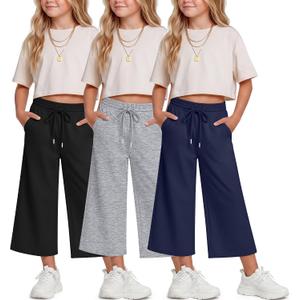Halfchet 3 Pack Girls Capri Pants Wide Leg Baggy Cropped Sweatpants Kids Basic Casual Capris with Pockets for Ages 5-14