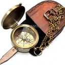 Vintage Brass Compass with Leather Case Engraved Not All Those Who Wander are Lost Antique Pocket Navigation Compass Gift for Travel Lovers, Hiking, Graduation, Birthday, Christmas