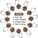 Shower Curtain Hooks Rings, Decorative Rust Proof Stainless Steel Glide Rollers Shower Hooks Rings for Bathroom Shower Rods Curtains, Set of 12, Brown
