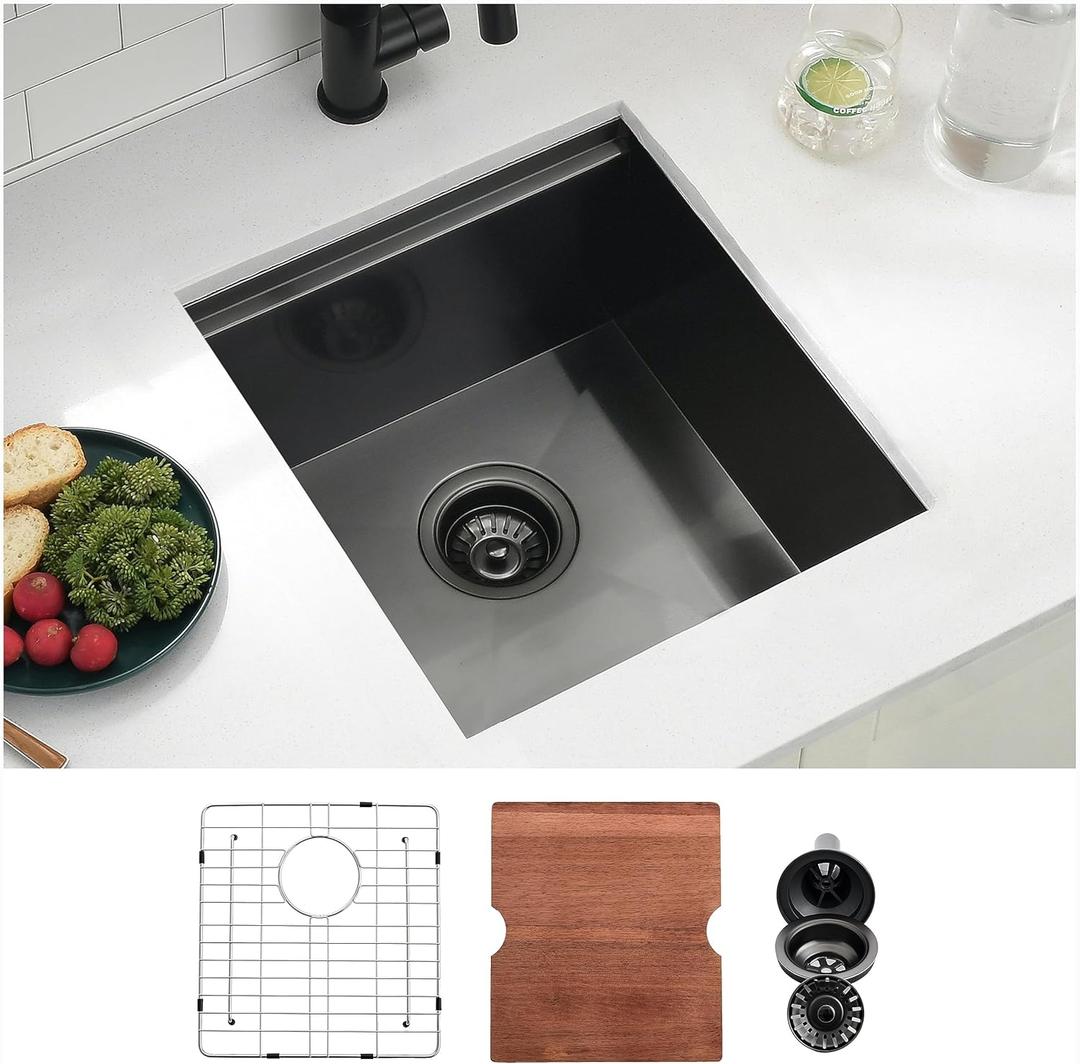15 Inch Black Undermount Bar Sink, Swift Horse 15x17 Inch 16 Gauge Black Stainless Steel Undermount Single Bowl Kitchen Bar Sinks