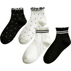 CHUNFO Womens Striped Ruffle Ribbed Crew Frilly Socks Cute Dot Athlete Ankle Cotton Casual Sock Size5-9 (4pack,black,white,stripe,dot)