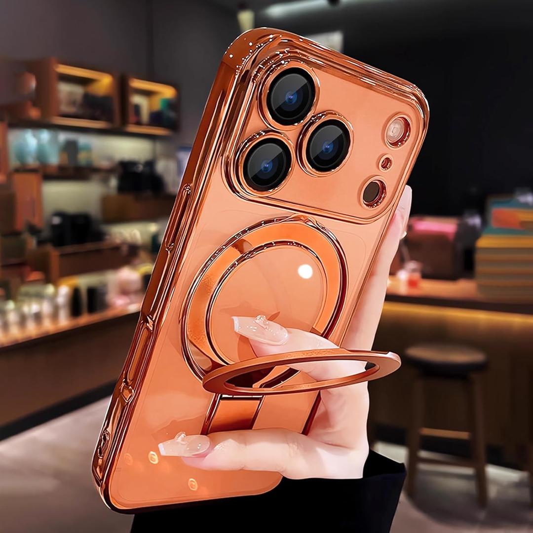 Clear for iPhone 17 Pro Case Magnetic Kickstand,Built-in Camera Lens Protector, Compatible with MagSafe, Case Cover for 17 Pro,Orange